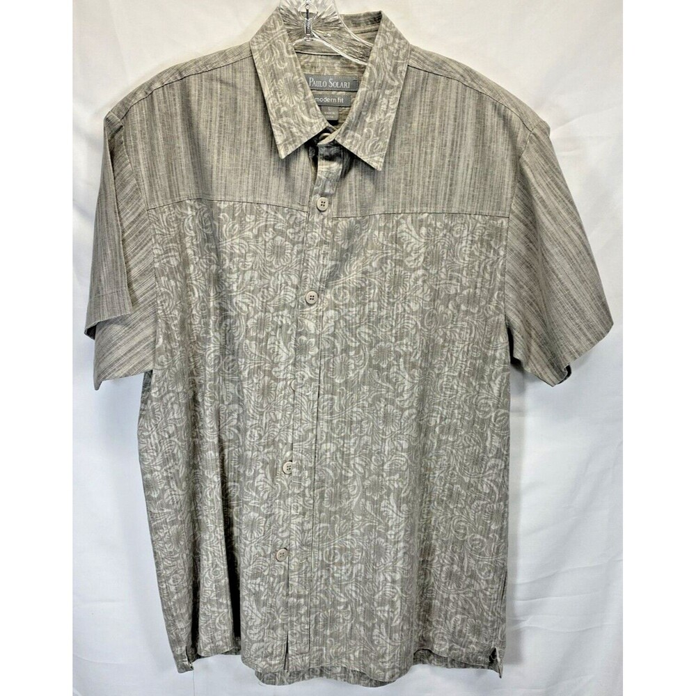 PAULO SOLARI Men Size Large Shrt Sleeve Linen Blend Floral Modern Fit Gray Shirt